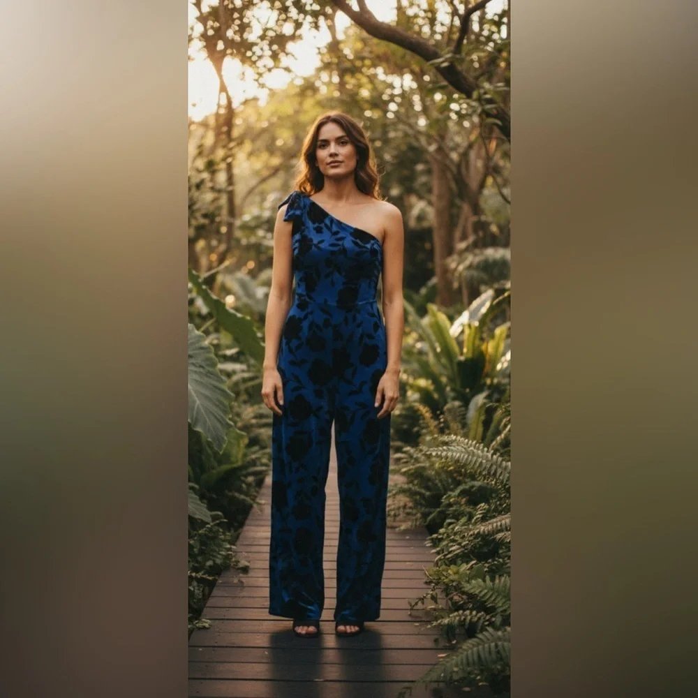 New-14 Kate Spade Blue floral Print Classic wideleg one shoulder  jumpsuit